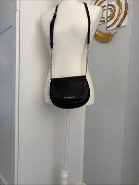 Michael Kors Black Pebbled Leather Saddle Bag with Gold Logo
